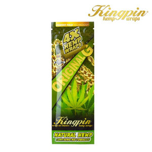 Kingpin Hemp Wraps packaging with a cannabis leaf design on a white background