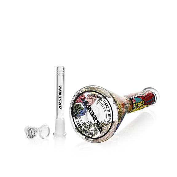 A colorful glass bong with a mandala maiden motif, including a bowl and a slide, against a white background
