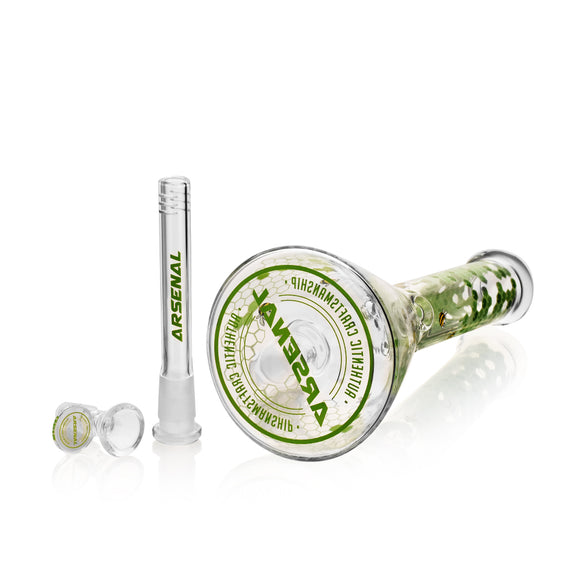 A 10-inch tall glass bong with a 5mm thickness, featuring a green 'ARSENAL' logo and bee design elements on the bowl and tube.
