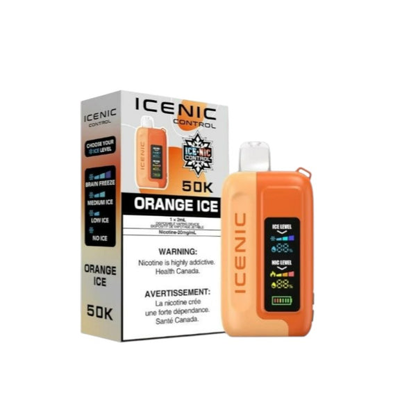 Orange ICENIC vape device with packaging on a white background