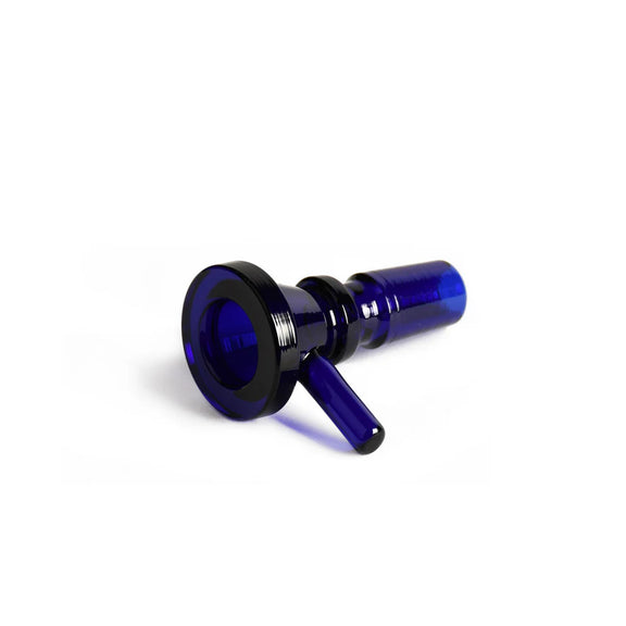 Blue and black metal component on a white background