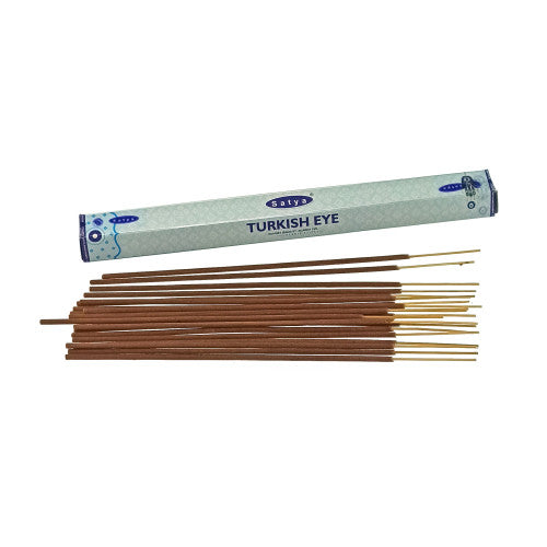Box of 'Turkish Eye' incense sticks with sticks displayed in front on a white background