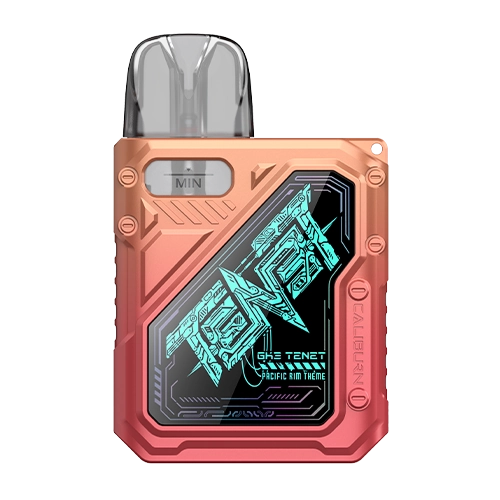 Vape device with a metallic finish and digital display on a white background