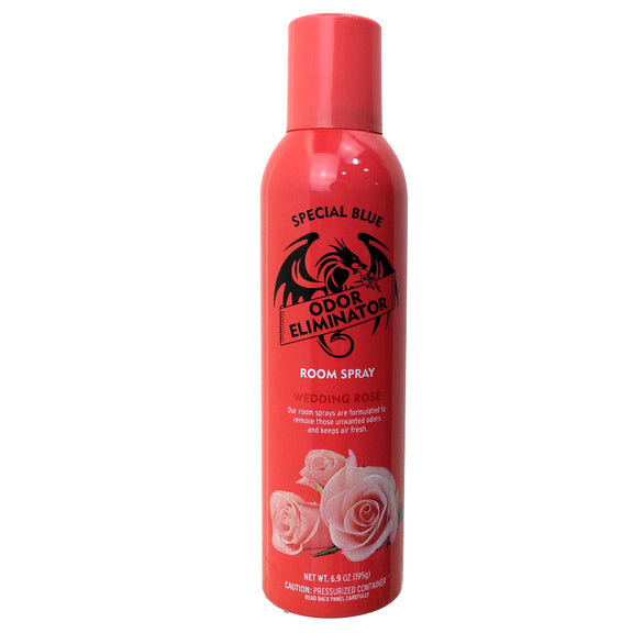 Red bottle of Special Blue Odor Eliminator with roses on a white background
