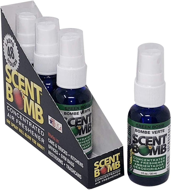 Scent Bomb air freshener bottles with packaging on a white background