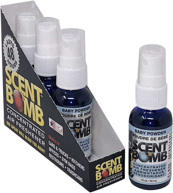 Scent Bomb air freshener bottles with packaging on a white background