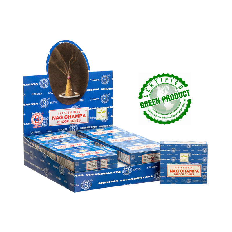 Display of Satya Nag Champa incense boxes with a green certified product label on a white background