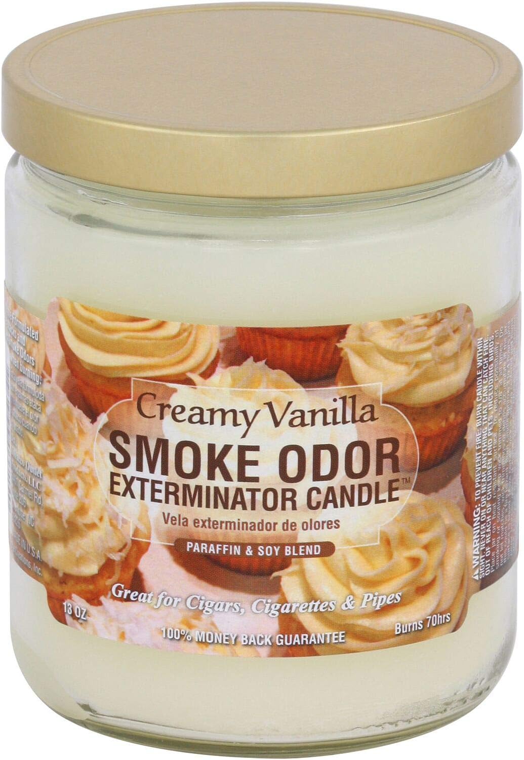 Jar of creamy vanilla smoke odor exterminator candle with a gold lid.