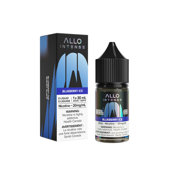 Allo Intense Blueberry Ice e-liquid bottle and packaging on a white background