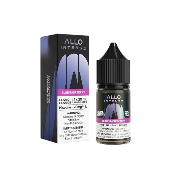 Allo Intense Blue Raspberry e-liquid bottle and packaging on a white background