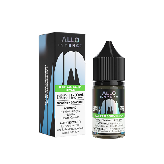 Allo Intense Blue Raspberry Lemon e-liquid bottle and packaging on a white background