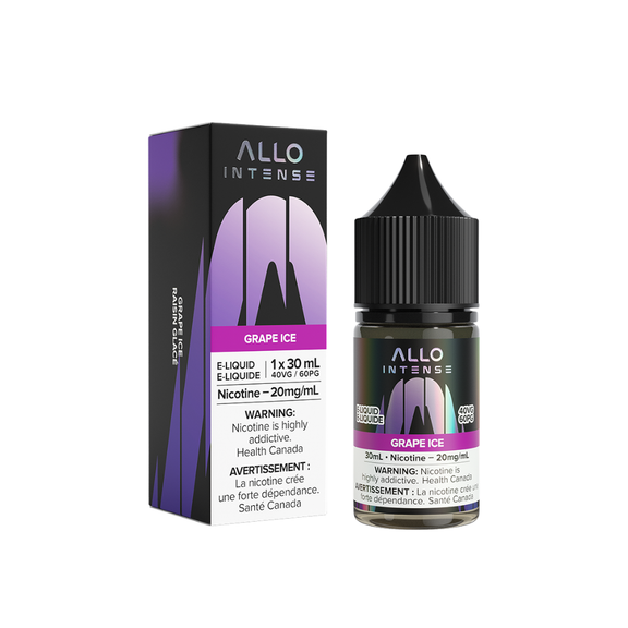Allo Intense Grape Ice e-liquid bottle and packaging on a white background