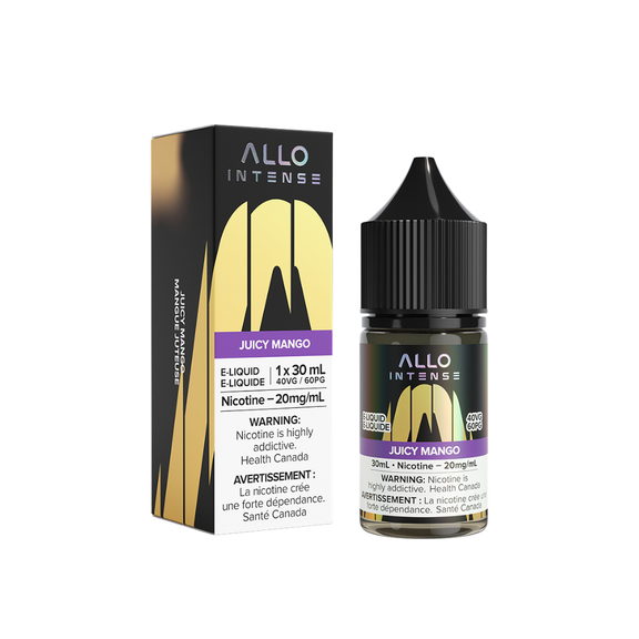 Allo Intense Juicy Mango e-liquid bottle and packaging on a white background