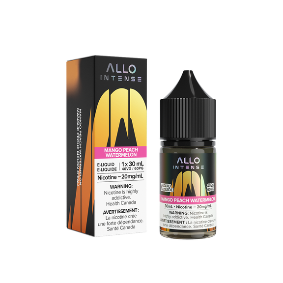 Allo Intense Mango Peach Watermelon e-liquid bottle and packaging on a white background