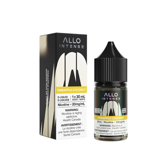 Allo Intense Pineapple Coconut e-liquid bottle and packaging on a white background