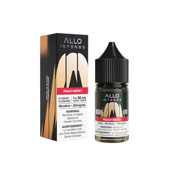 Allo Intense Peach Berry e-liquid bottle and packaging on a white background