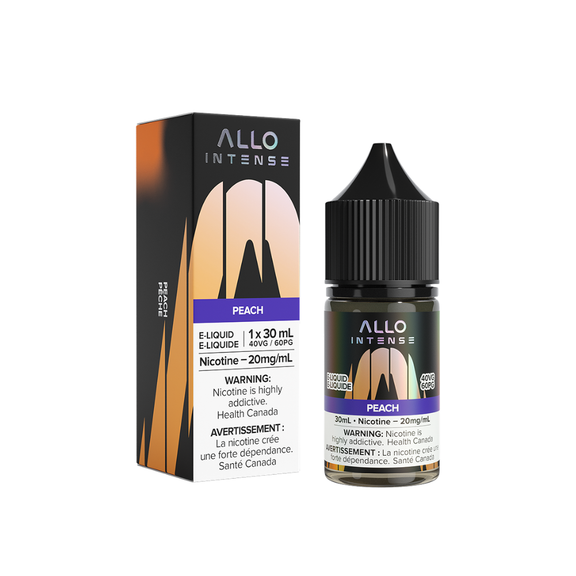 Allo Intense Peach e-liquid bottle and packaging on a white background