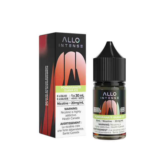Allo Intense Pomegranate Guava Ice e-liquid bottle and packaging on a white background