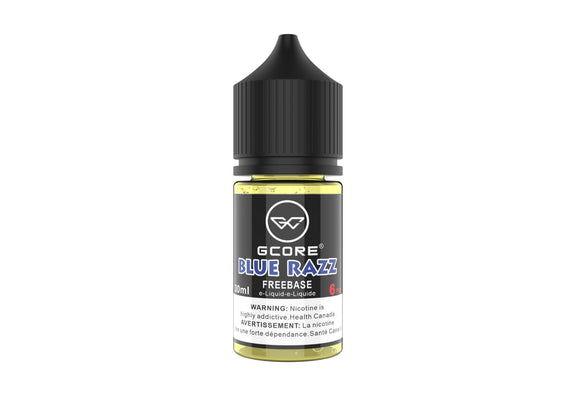 Gcore Blue Razz freebase e-liquid bottle on a white background