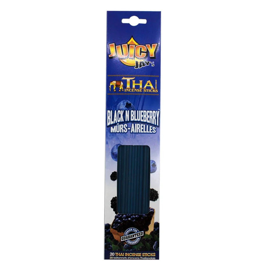 Packaging of Juicy Jay's Thai Incense Sticks Black N Blueberry on a white background