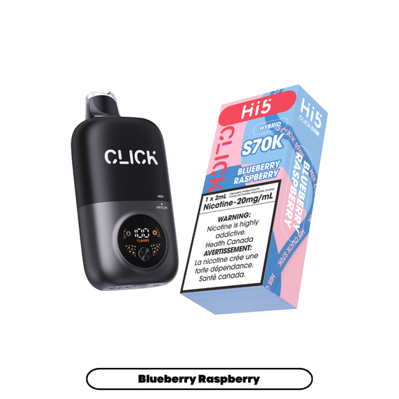 Black Click device and a blue and pink Hi5 vape carton on a white background