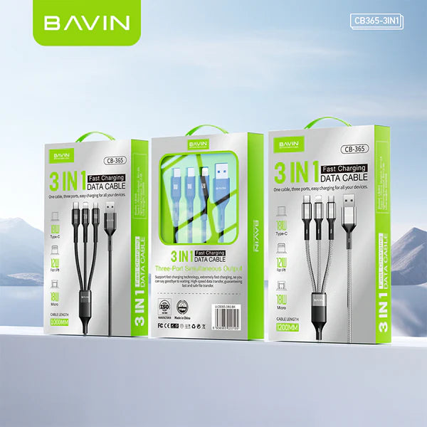 Bavin 3-in-1 data cable packaging with mountain background