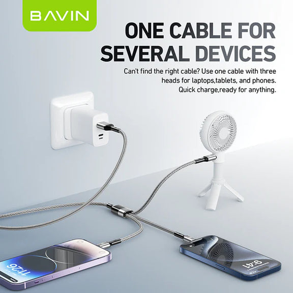Bavin multi-device charging cable with three heads connected to a laptop, phone, and fan on a light gray background.
