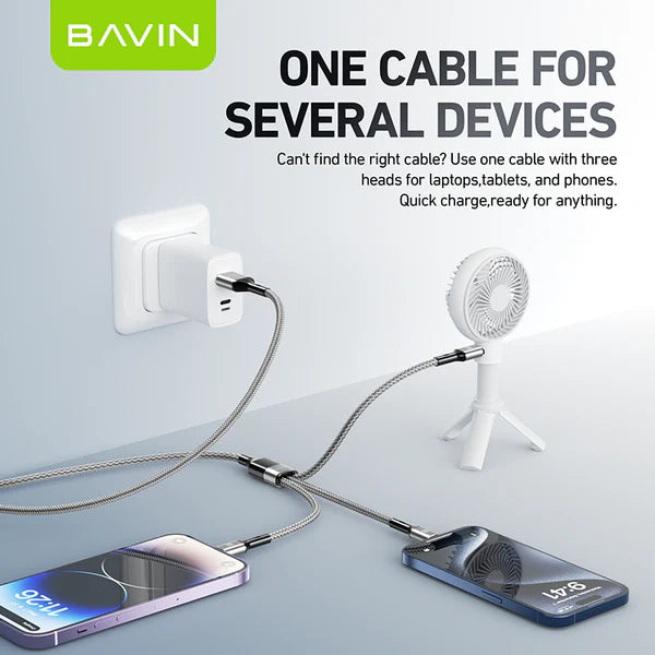 Bavin multi-device charging cable with three heads connected to a laptop, phone, and fan on a light gray background.