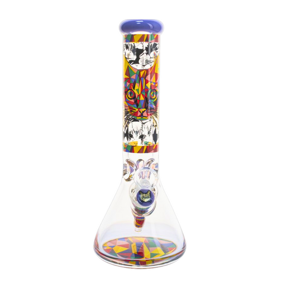 Colorful glass smoking device with abstract patterns on a white background