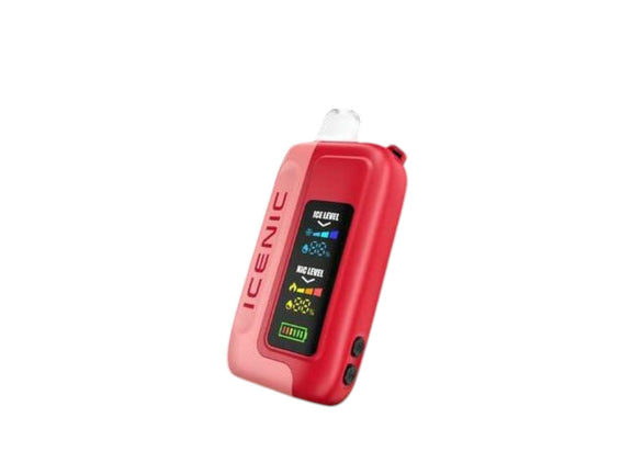 Red electronic device with a digital display on a white background