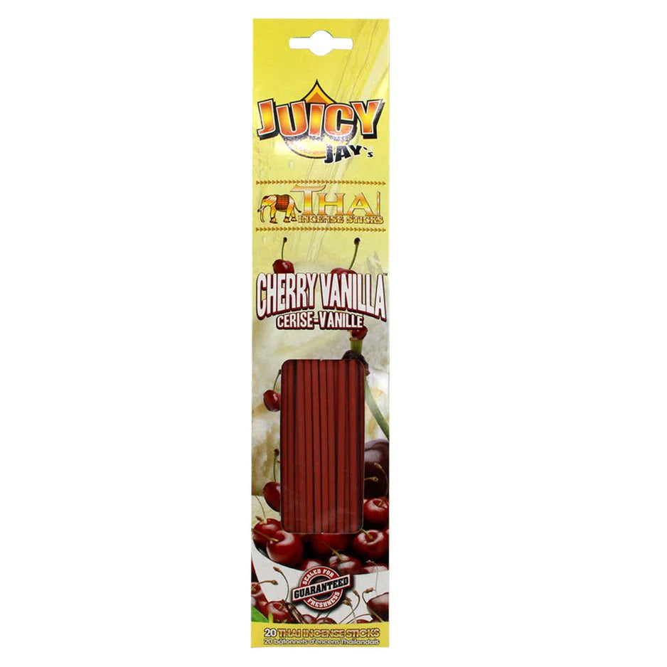 Packaged product with 'Juicy Jay' branding and cherry vanilla flavor text on a white background