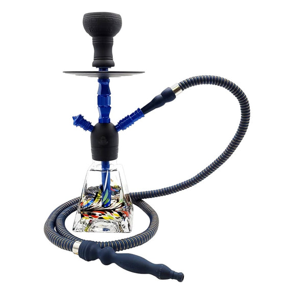Blue and black hookah with clear base on white background