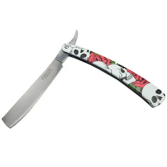 Defender-Xtreme 10' Straight Razor Skull Red Rose Folding Knife 3CR13 Stainless