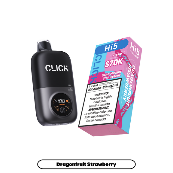 Black Click device and pink and blue vape carton on a white background