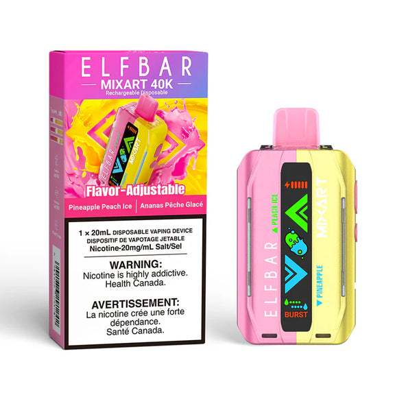 Pink and yellow ELF BAR vape device with packaging on a white background