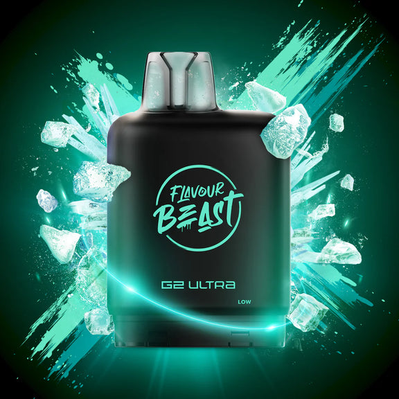 Flavour Beast G2 Ultra vape device with ice cube graphics on a dark green background