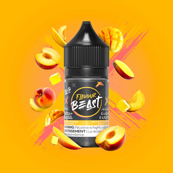 Flavour Beast e-liquid bottle with peach slices on an orange background