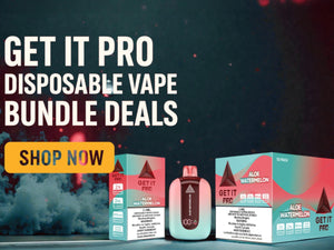 GET IT PRO disposable vape with packaging on a dark background