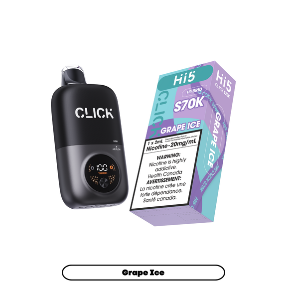 Black Click device with a purple and green vape box labeled 'Hi5' on a white background.