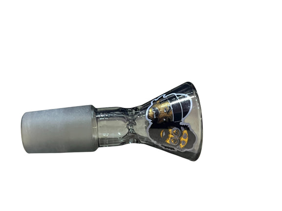 Clear electronic component with metallic parts on a white background
