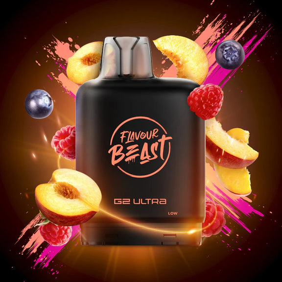 Flavour Beast G2 Ultra vape device with fruit graphics on a dark background