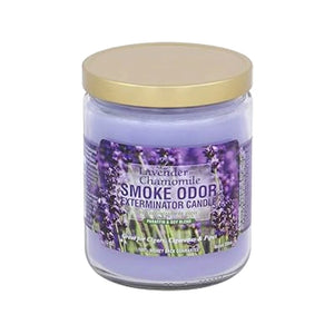 Lavender and chamomile smoke odor candle in a glass jar with a gold lid on a white background