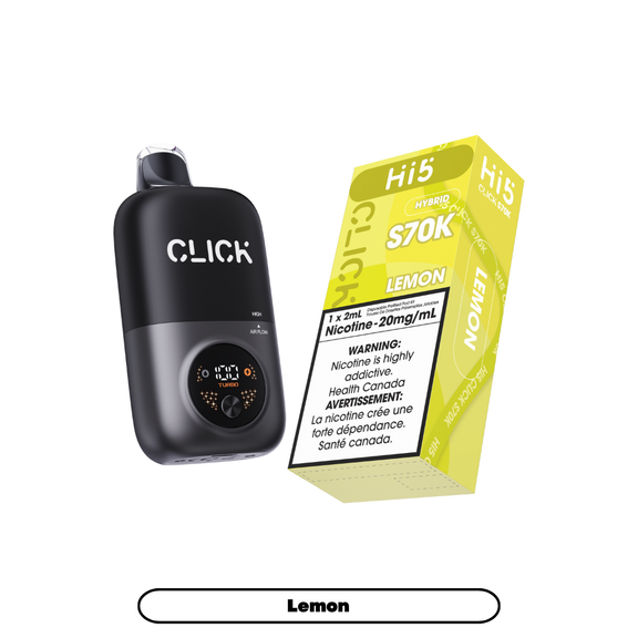 Black Click device and yellow Hi5 vape box on a white background