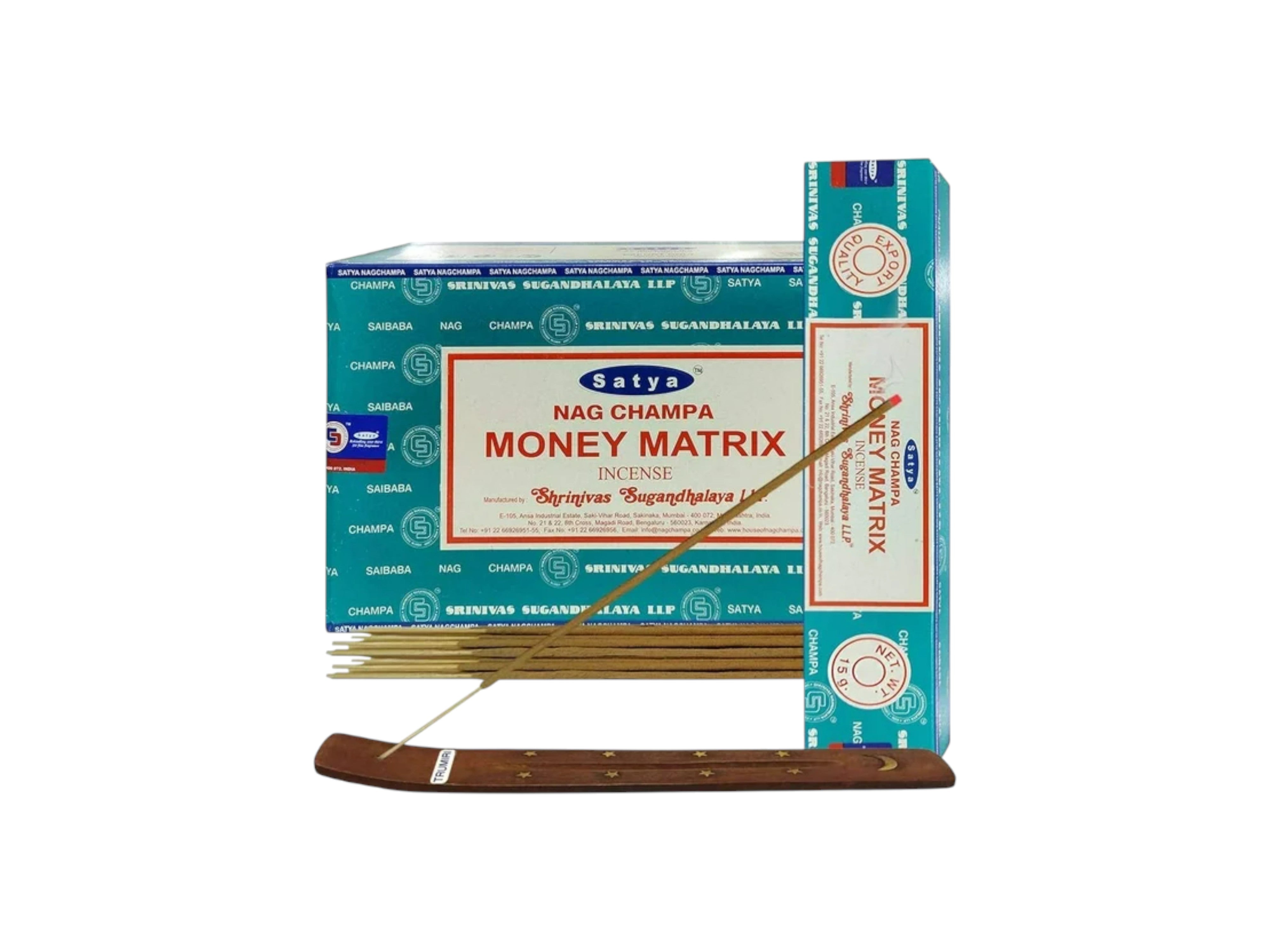 Satya Nag Champa Money Matrix incense sticks with packaging on a white background