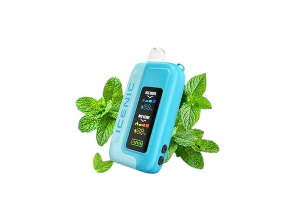 Blue electronic device with a screen and green leaves on a white background