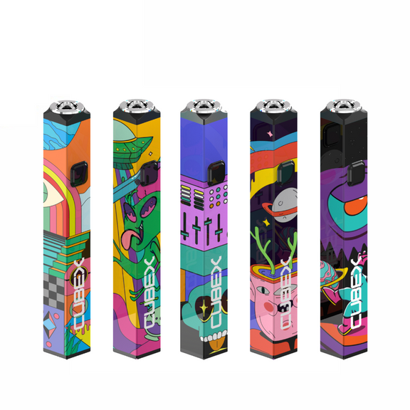 Five colorful Cubeex vape devices with abstract designs on a white background