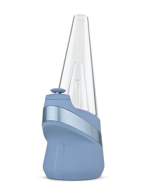 A blue and clear electronic vaporizer with a conical mouthpiece and a side-mounted control joystick