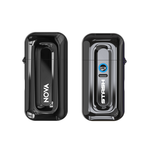 Two black electronic devices labeled 'Nova' and 'Stash' on a white background