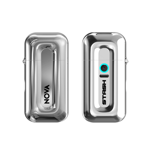 Two metallic devices labeled 'NOVA' and 'STASH' on a white background