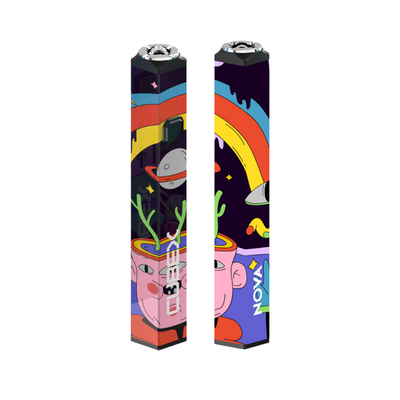 Two colorful vape devices with abstract designs on a white background